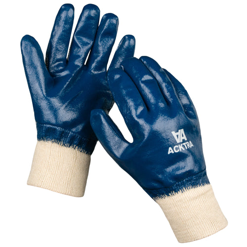 ACKTRA Nitrile Fully Coated Cotton WORK GLOVES 12 Pairs / Dozen, Knit Wrist Cuff, Oil Acid Alkali Resistant, for Men & Women, Blue, WG005