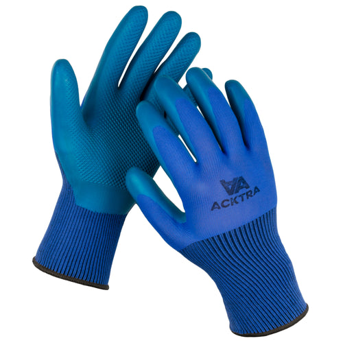 ACKTRA Safety WORK GLOVES 12 pairs, Seamless Blue Nylon Spandex Liner, Teal Textured Eco-Latex Coated, Comfort Fit, Power Grip, for Men and Women, WG016, WG017