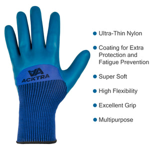ACKTRA Safety WORK GLOVES 12 pairs, Seamless Blue Nylon Spandex Liner, Teal Textured Eco-Latex Coated, Comfort Fit, Power Grip, for Men and Women, WG016, WG017