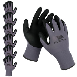 ACKTRA Safety WORK GLOVES, 15G Seamless Grey Nylon Spandex Shell, Black Nitrile MicroFine Foam Finish Coated, Comfort Fit, Power Grip, for Men and Women, WG019