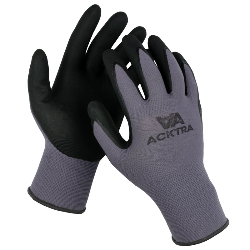 ACKTRA Ultra-Thin PU Safety WORK GLOVES 12 Pairs, WG002 Black/Black, Large