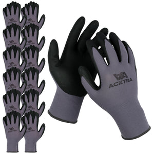 ACKTRA Safety WORK GLOVES, 15G Seamless Grey Nylon Spandex Shell, Black Nitrile MicroFine Foam Finish Coated, Comfort Fit, Power Grip, for Men and Women, WG019